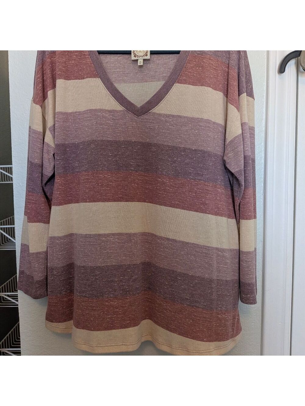 Plus Size TruSelf Women's Striped V-Neck Knit Tunic, Lightweight Fall/Winter 1X